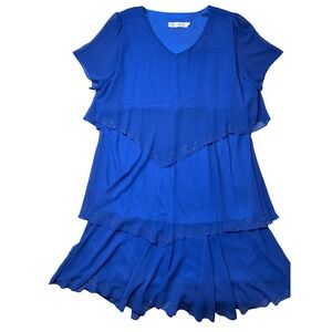 Royal Blue Tiered Ruffled Chiffon Dazzled V Neck Short Sleeve Dress Plus Size XL
